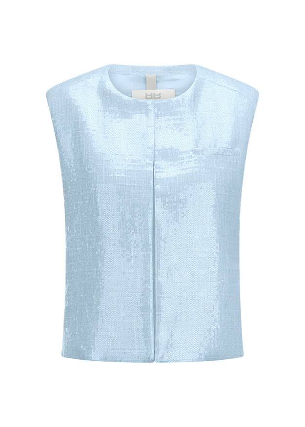Sequin Top, Sleeveless Vest, Himmelblau, Frontreißverschluss, Schimmernder Stoff