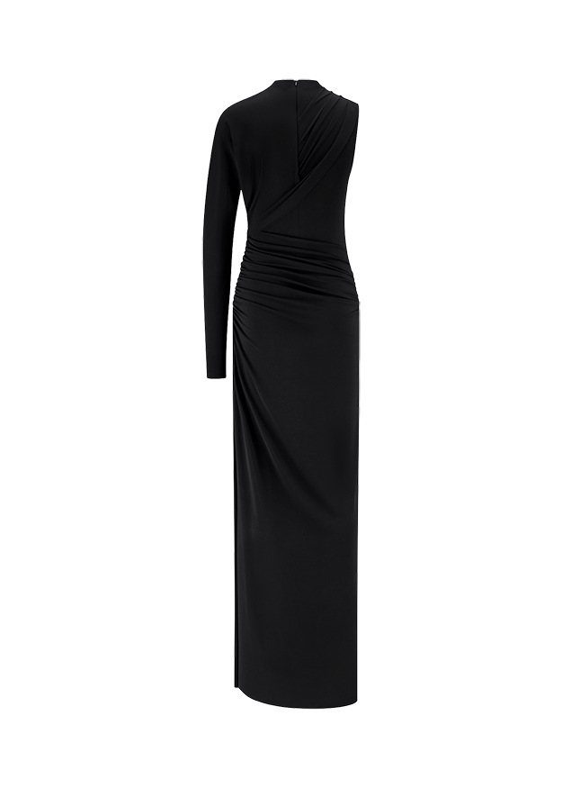 Schwarzes Kleid, Maxikleid, Langarmkleid, Wickeloptik, Raffung