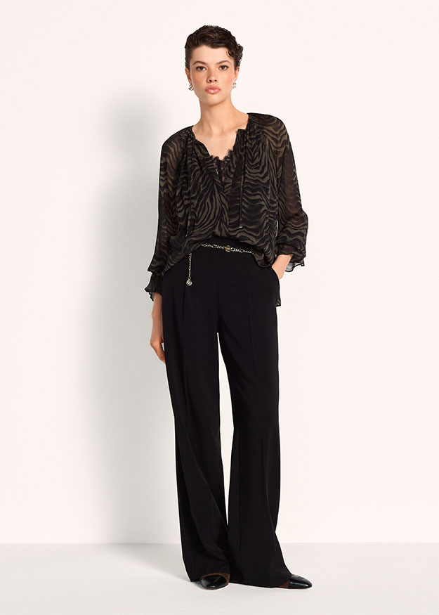 bluse, zebra-muster, transparente oberteil, schwarz, weite hose