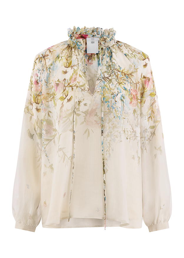 Bluse, Blumenmuster, Vorne offen, Hoher Kragen, Unten locker