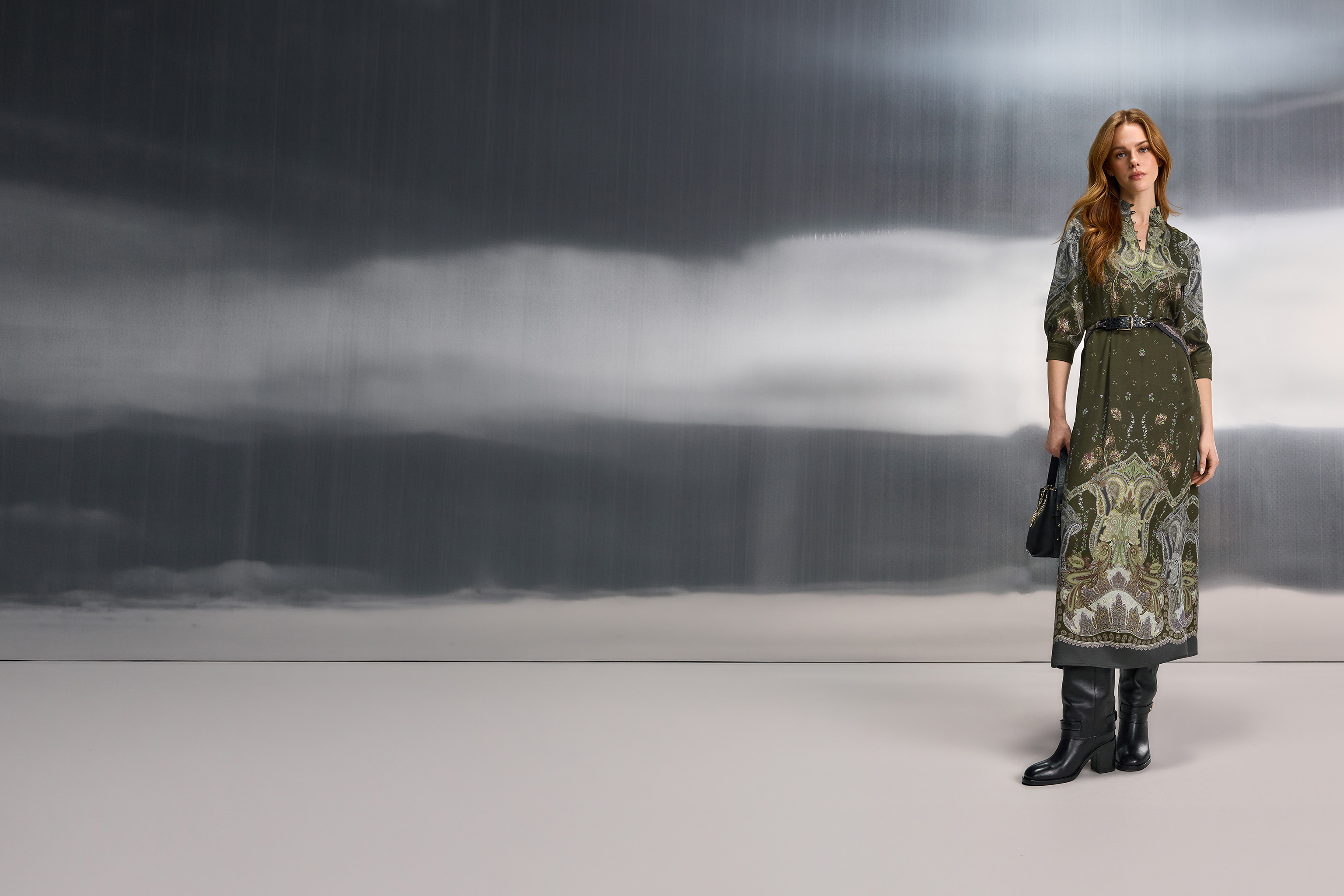Kleid, Maxi-Kleid, Paisley-Muster, Olive/Grün, Stiefel