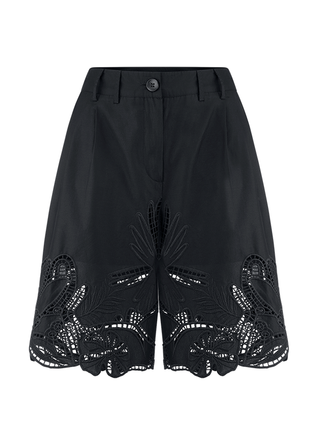 Hose, Schwarz, Stickdekor, Stickerei, A-Linie