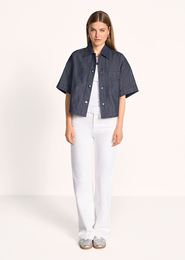 Denim-Shortjacke, Oversized-Shirt, Knopfleck, Kurzarm, Jeansoptik