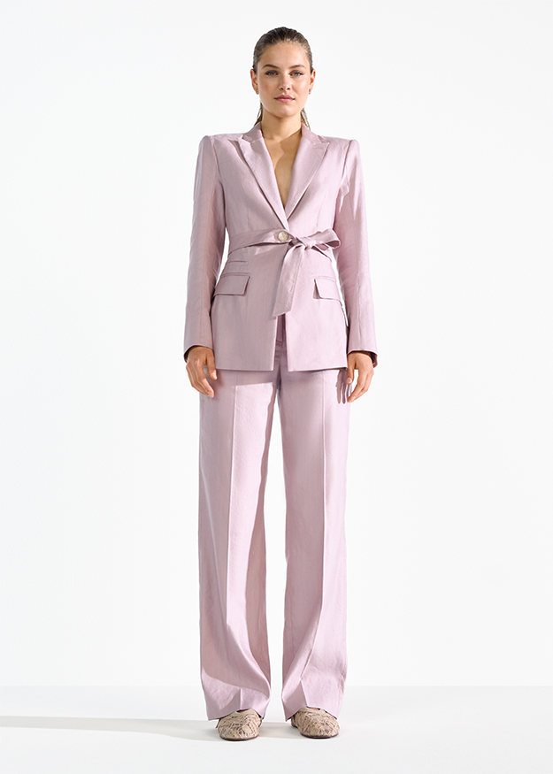 blazer, tailored suit, wrap belt, lavender, wide-leg pants