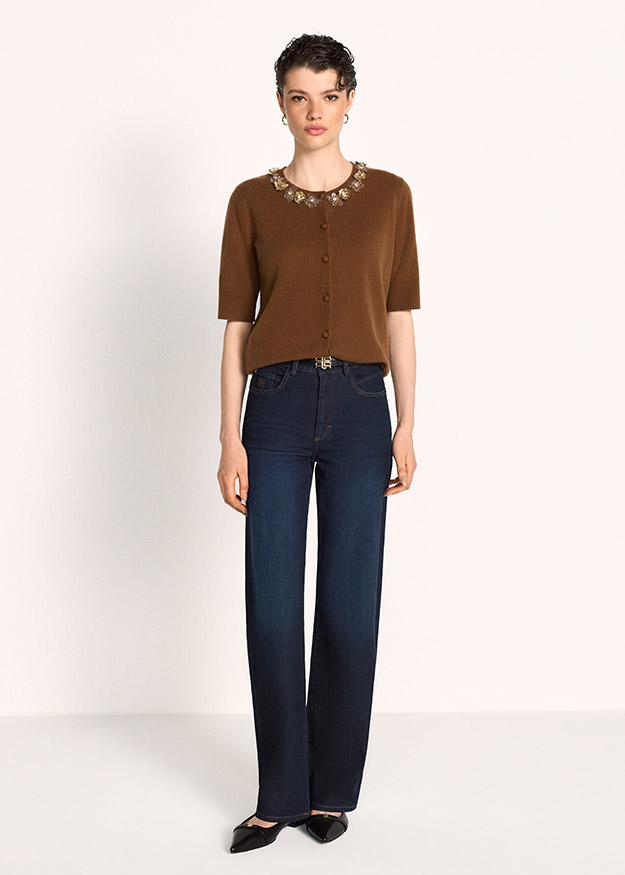 Cardigan, Braun, Knit, Perl-Collar, Kurzarm
