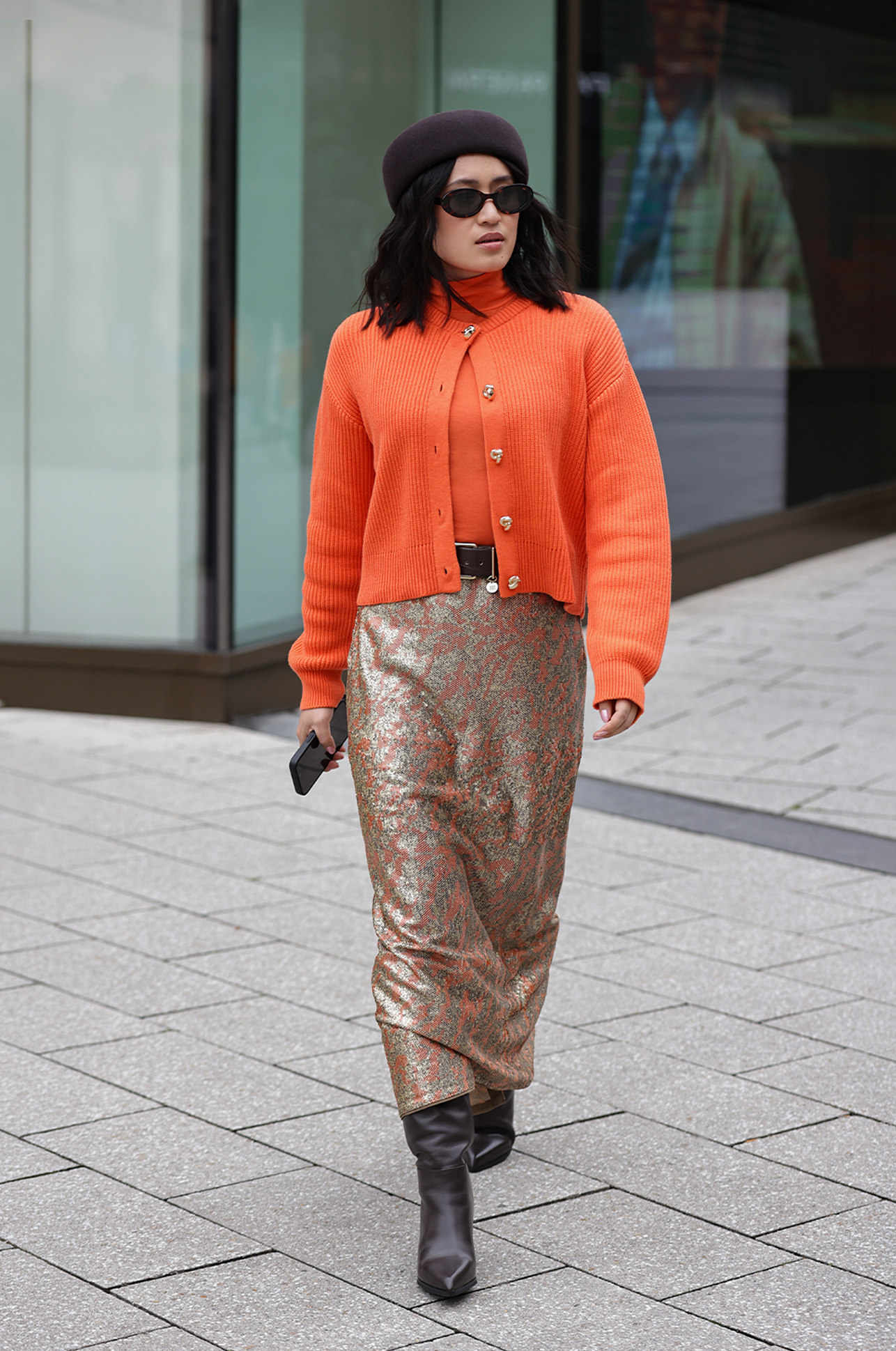 cardigan, orange, knitwear, skirt, boots