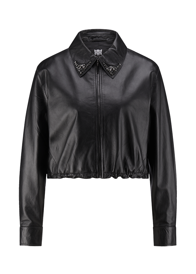 Lederjacke, Jacket, Schwarz, Kragenverzierung, Reißverschluss
