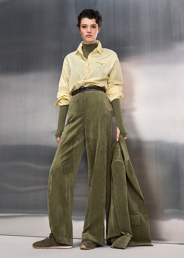 overall look, green pants, wide legs, corduroy pants, striped shirt, long coat, earth tones