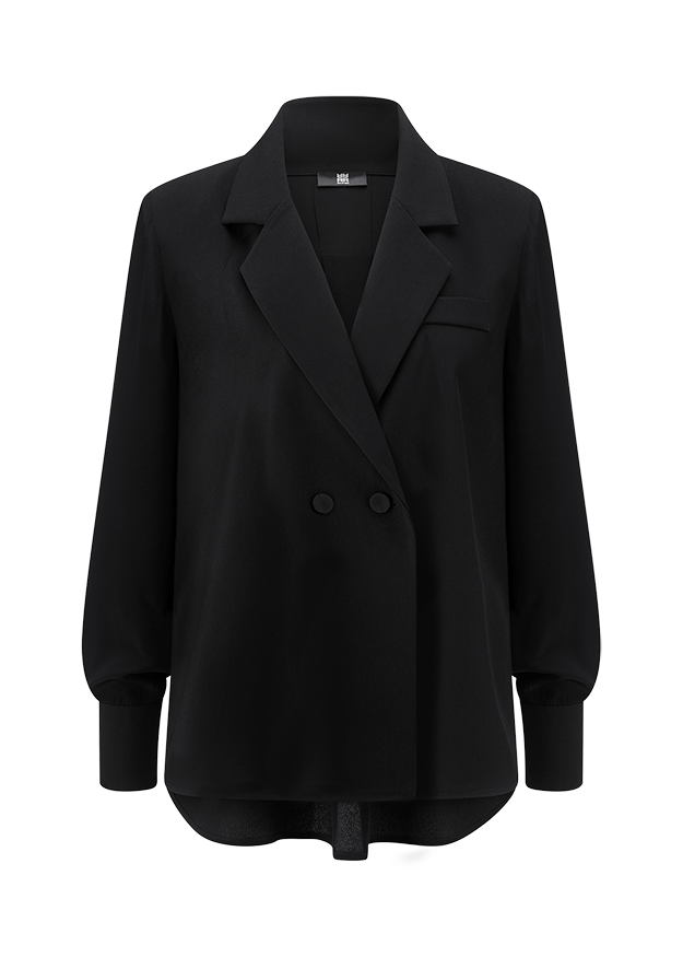 Schwarze Bluse, Doppelreiher, Reverskragen, Lange Ärmel, Manschettenknöpfe