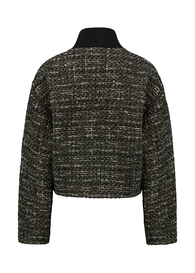 Tweed, Knappe Jacke, Strickstruktur, Schwarz/Beige, Kragen-Stehkragen