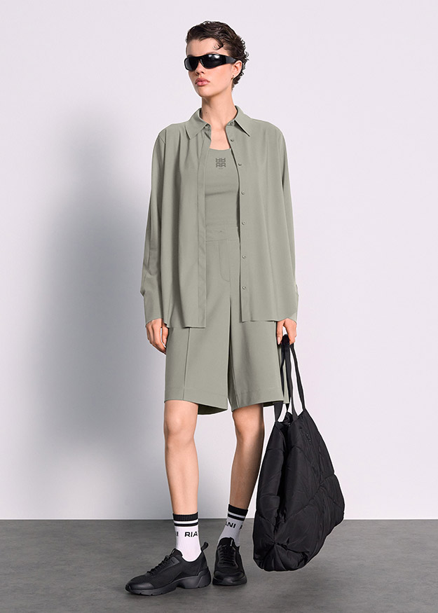 Overshirt, Shirt dress, Knit top, Shorts, Sack tote