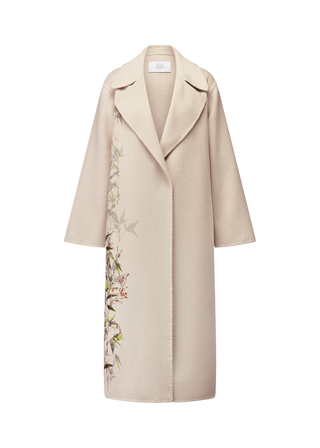 Mantel, Beige, Overknee, Weinblatt-Print, Einfarbig