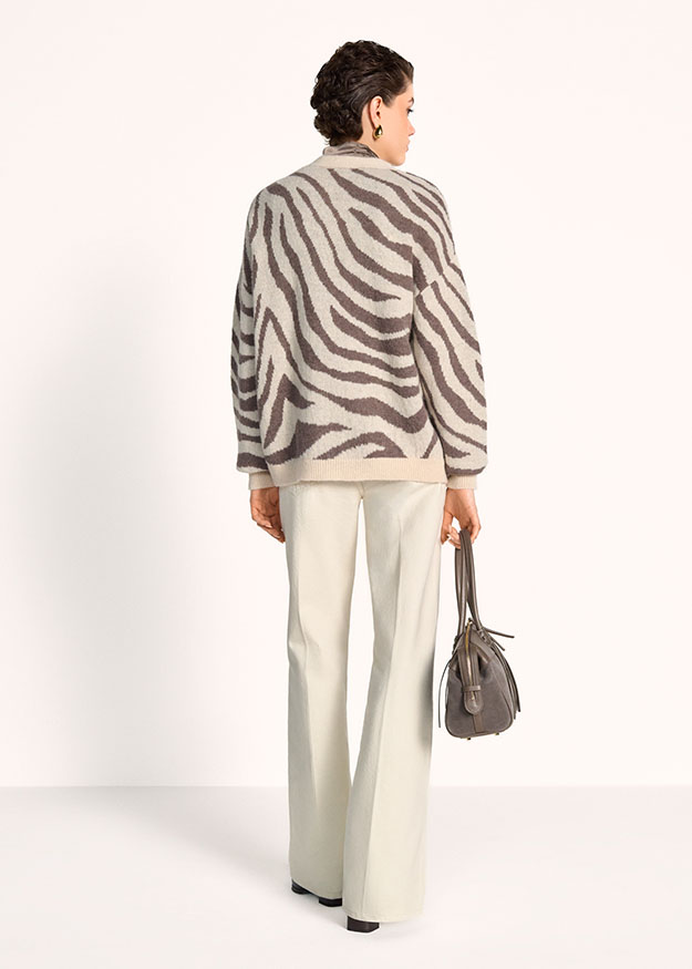 Zebra-Muster, Strickjacke, Oversize, Beige-Grau, Grau Tasche
