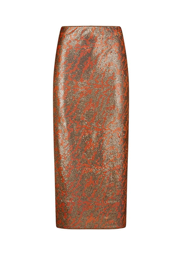 rock, maxi skirt, metallic, patterned, orange