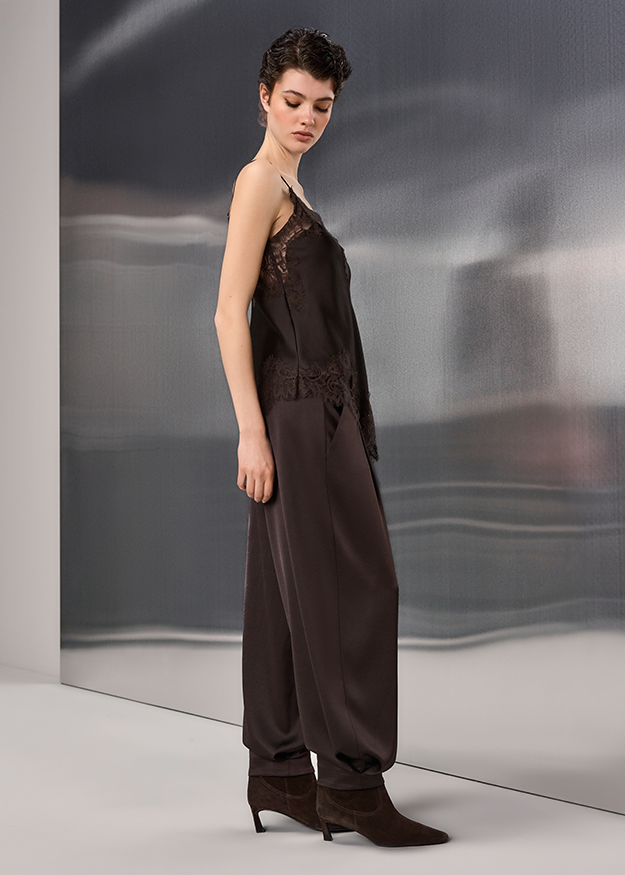 Spaghetti-Träger Top, Spitze-Top, Hose mit weitem Bein, Schwarz, Loungewear-Set