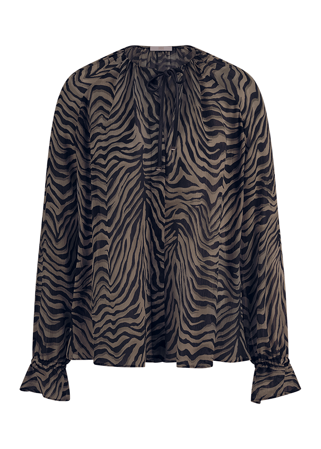 Zebra-Muster, Bluse, Langarm, Mesh-Ausschnitt, Schleife