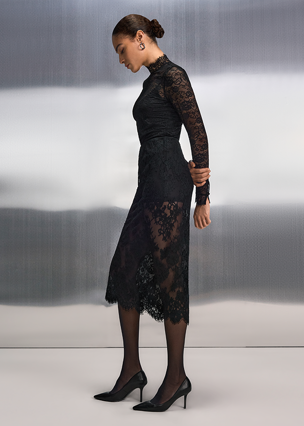 Kleid, Spitzenkleid, Langarm, Midi-Länge, Schwarz