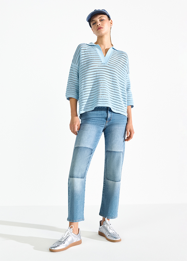 Pullover, Mesh-Top, V-Ausschnitt, Strickpullover, Hellblau