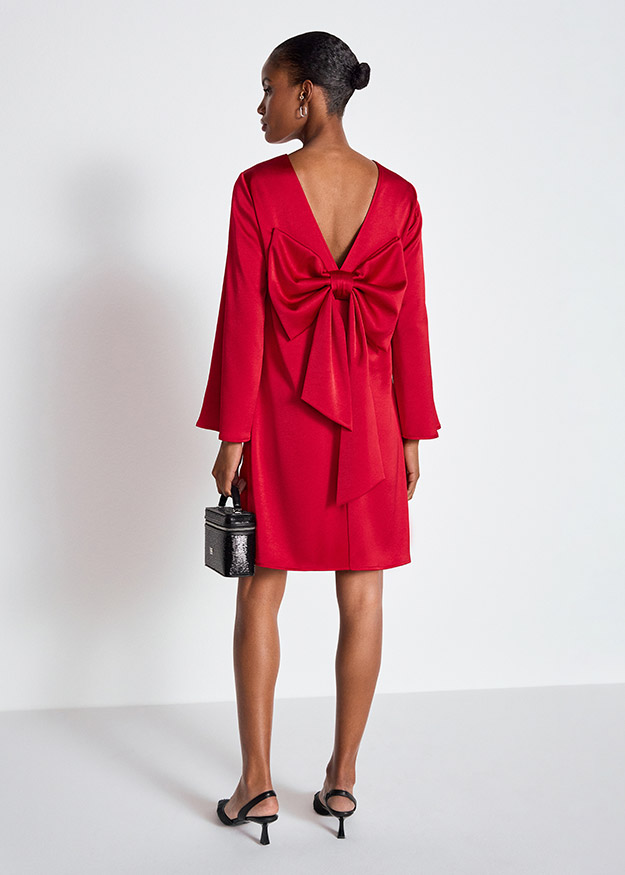 Rotes Kleid, Lange Ärmel, Tiefer Rückenausschnitt, Rückenschleife, Knielang