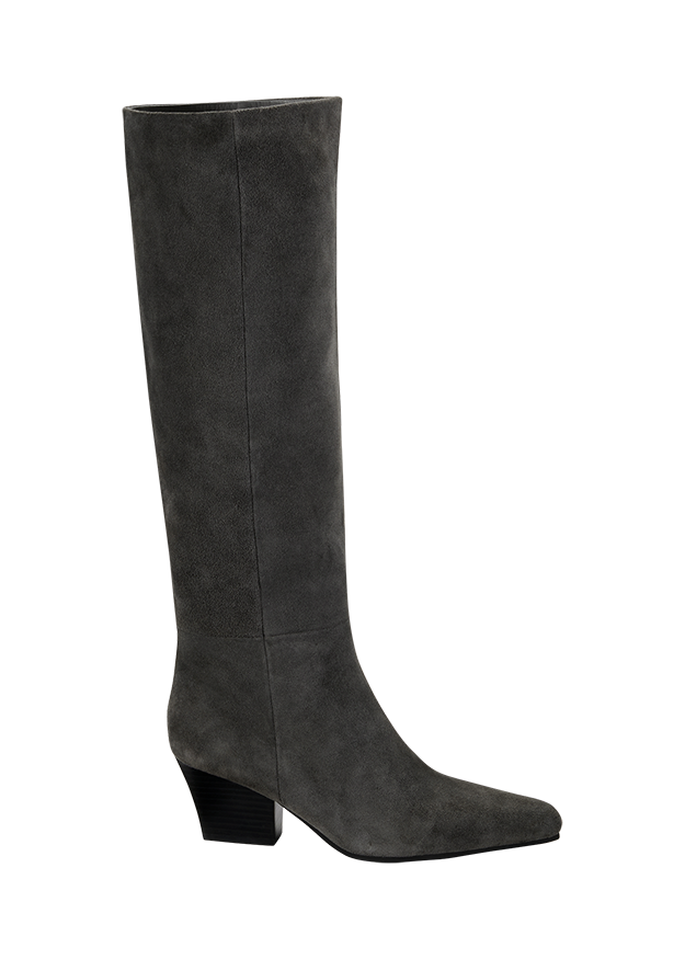 Kniehohe Stiefel, Grau, Samtimitat, Stiefelabsatz, Hochschaftstiefel
