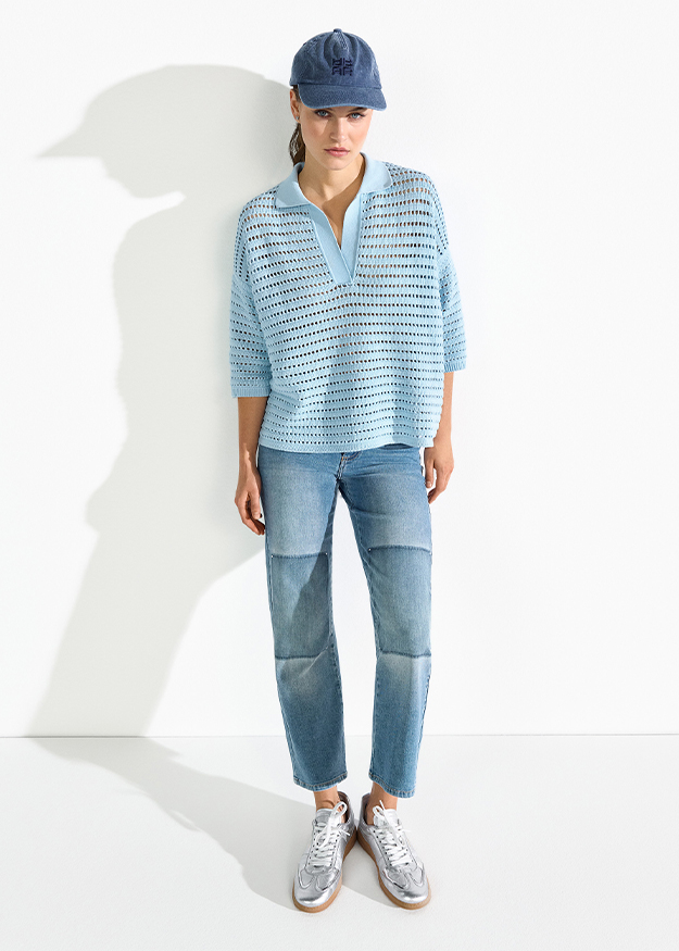 Hemd-Top, Lochmuster, Polo-Hemd, Sommerpullover, Lichtblau