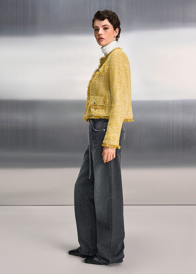 Straßenmode, gelb Tweed Jacke, Tweed Jacke, langsame Passform, gerader Schnitt