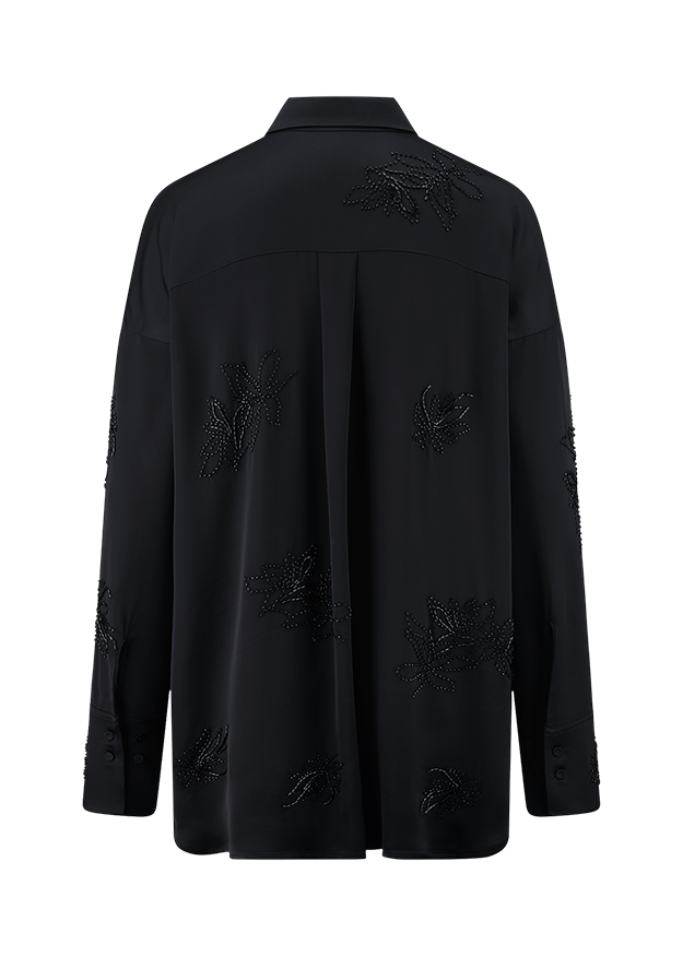 Schwarze Bluse, Langarm, Blätterstickerei, Knopfleiste, Lockere Passform