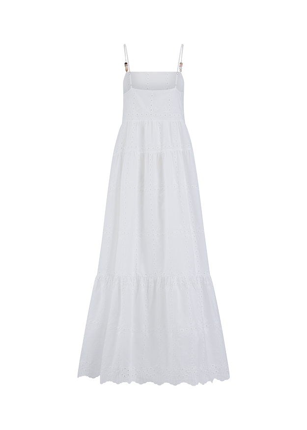 maxi-Kleid, weißes Kleid, Spaghettiträger, Ausschnitt mit Lochmuster, stufenrock