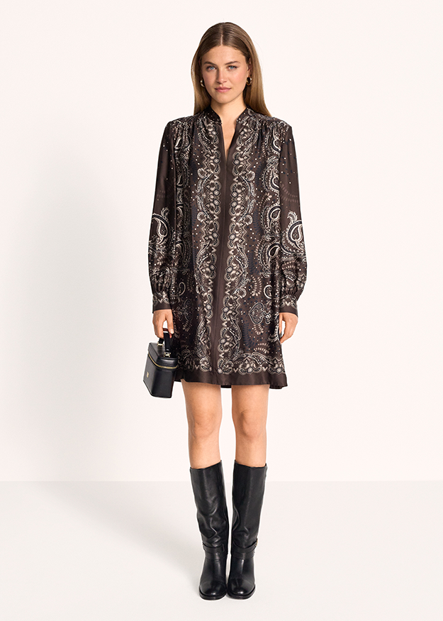 Kleid, Druck, Paisley, Longsleeve, Vorneckverschluss