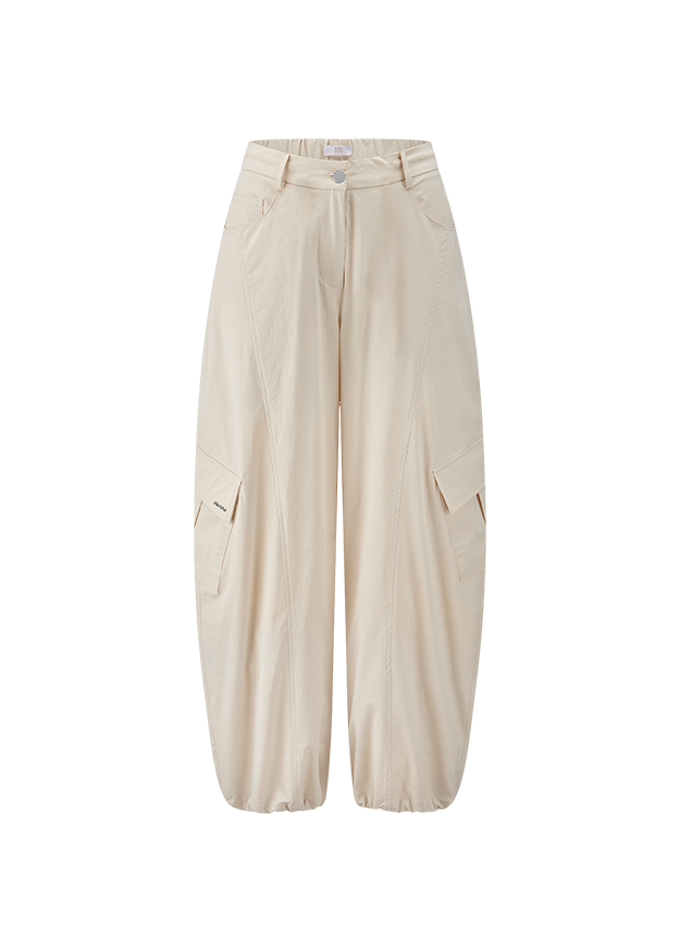 Beige Hose, Cargo-Hose, elastischer Saum, Schrägpultaschen, weite Passform