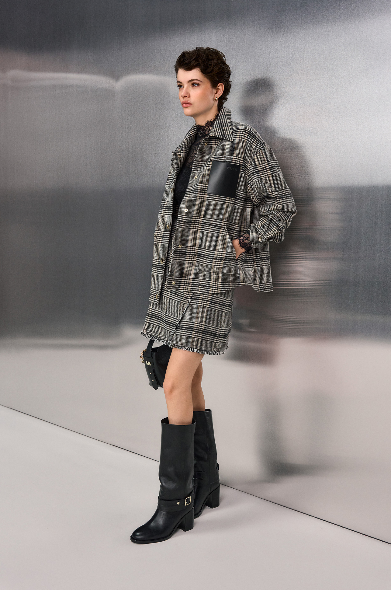 Plaid Jacket, Checkered Coat, Oversized Jacket, Leather Pocket, Knee-High Boots