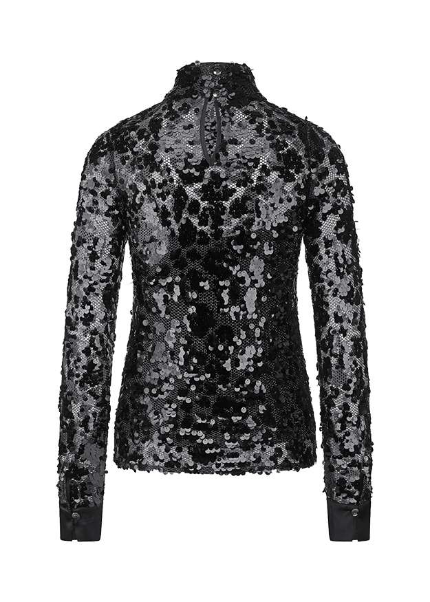 Paillettenbluse, Schwarz, Langarm, Stehkragen, Paillettenbesatz