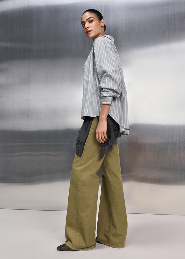 Hemd, Gestreift, Oversized, Lange Hose, Grau