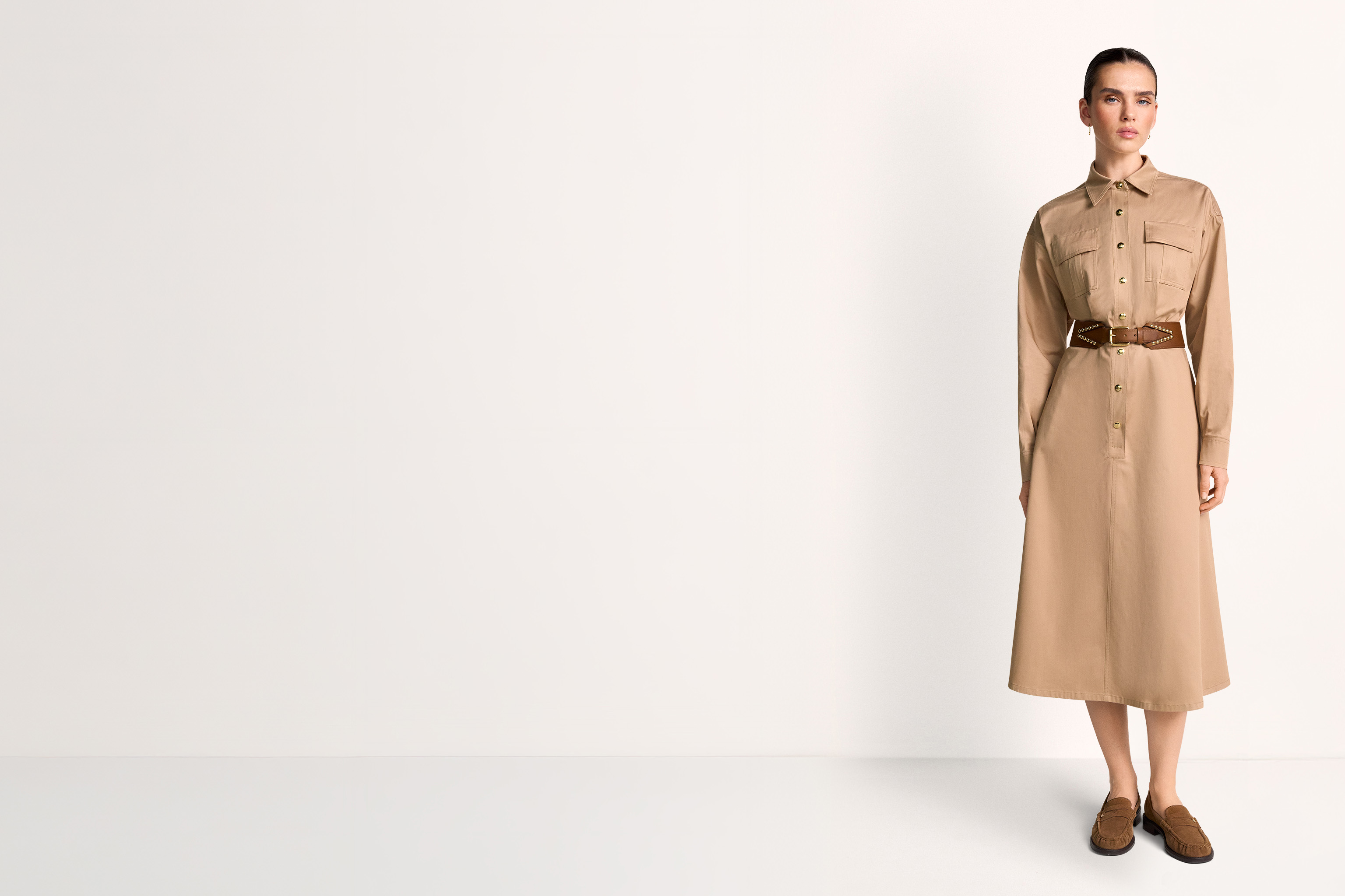Kleiderrobe, Kleid, Taillengürtel, Beige, Knopfverschluss