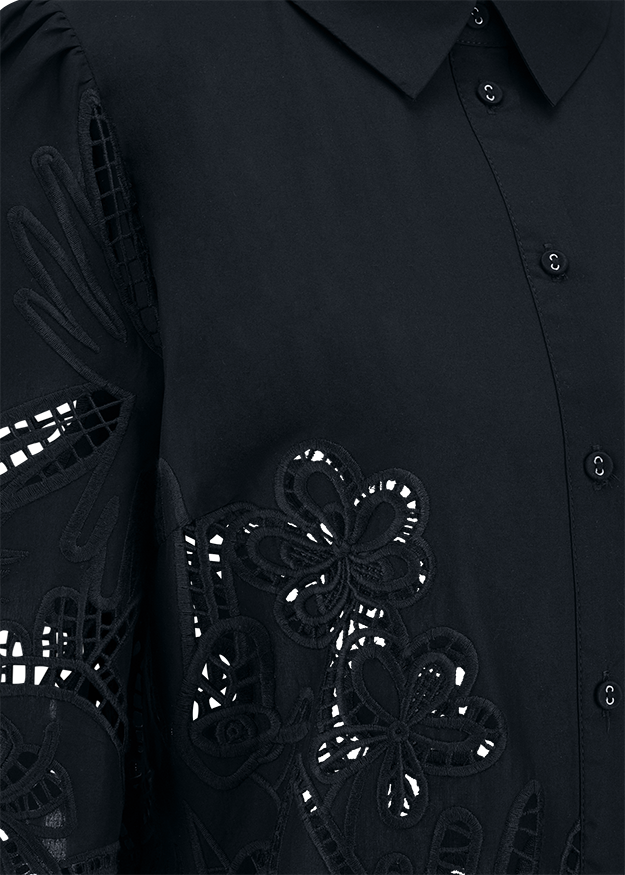 bluse, dunkel, stickerei, blumenmuster, knöpfe
