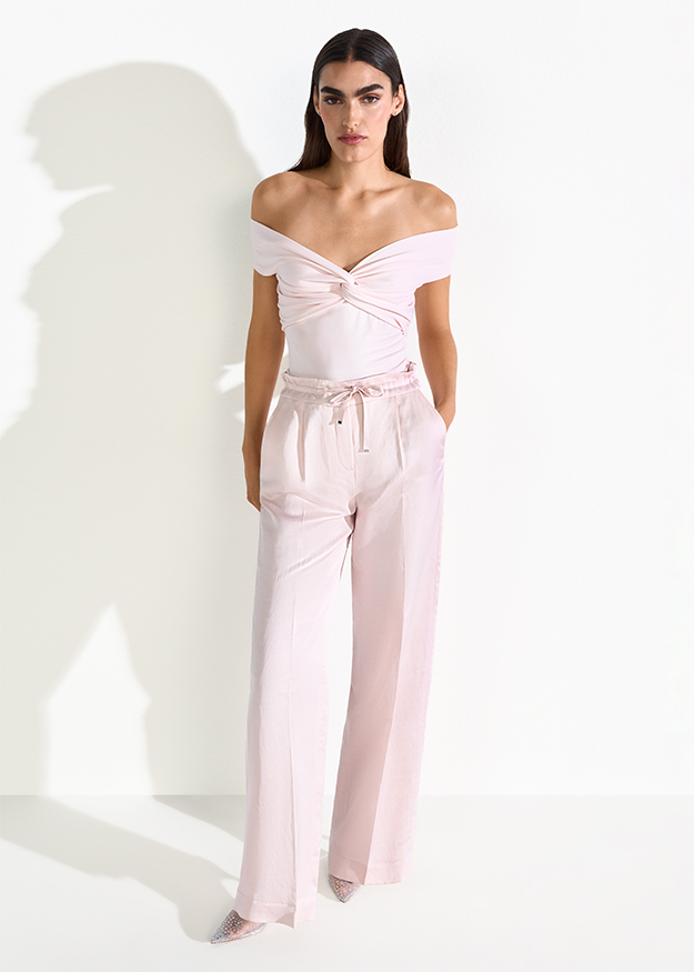 Off-Shoulder, Twist-Top, Rosa/Blassrosa, Lange Hose, Wide-Leg
