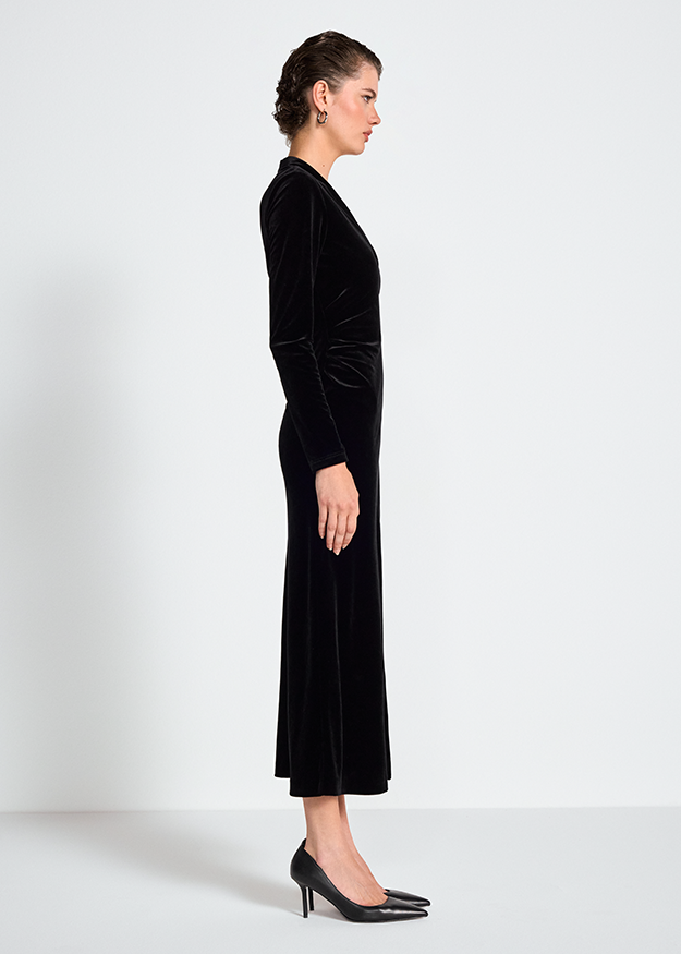 Samt-Midikleid, Schwarzes Kleid, Langarmkleid, Rundhalsausschnitt, A-Linie
