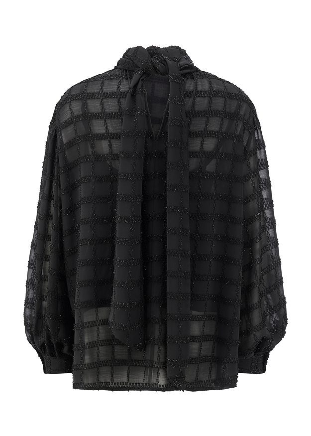 Schwarze Bluse, Transparenter Stoff, Karomuster, Langarm, Stehkragen