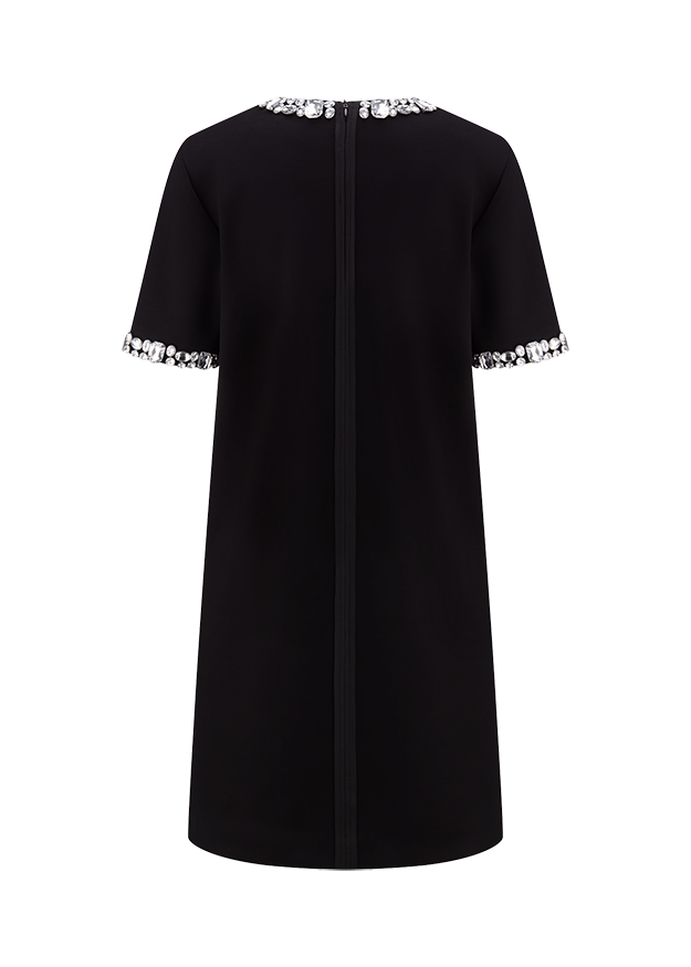 Schwarzes Kleid, Kurze Ärmel, Strassbesatz, Rundhalsausschnitt, Reißverschluss