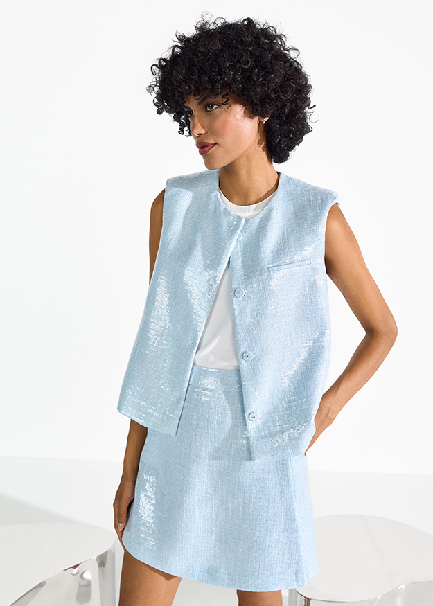 Kostüm, Gilet, Minirock, Lichtblau, Strukturstoff