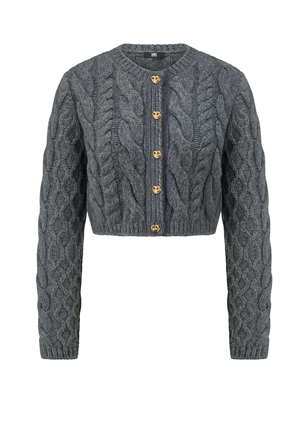 Kabelstrick-Kardigan, grau, Knopfleiste, Kurzer Stil, Kabelstrick