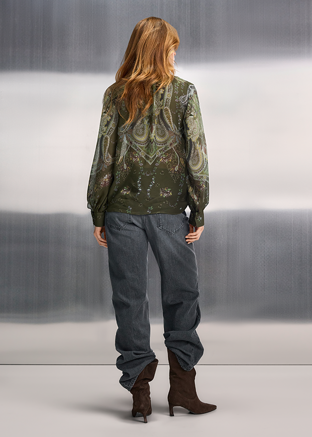 Jacket, Paisley-Print, Olive Green, Bishop Sleeves, Leather Boots