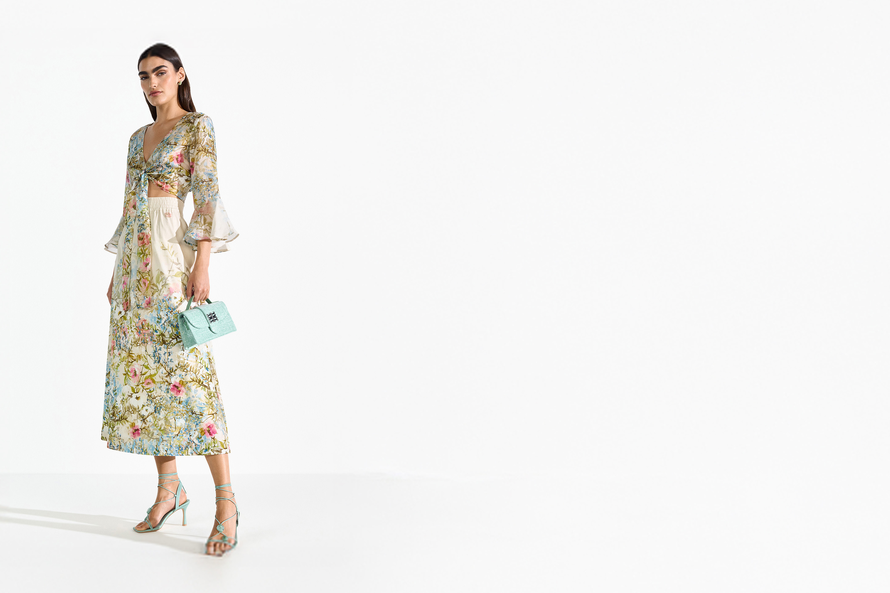 Floral dress, Maxi dress, Pastel floral, V-neck, Ruffle sleeves