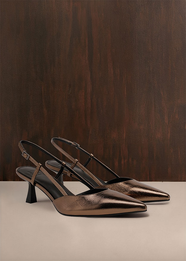 High heel, Slingback, Metallisch, Spitzzehen, Leder