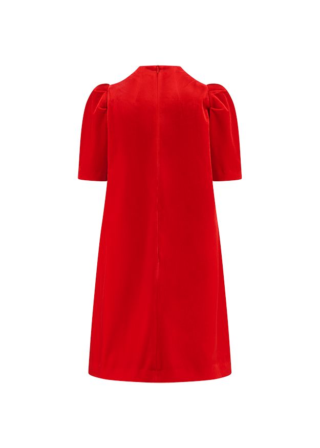 rotes Kleid, A-Linien-Schnitt, Puffärmel, Stehkragen, Kurzarm