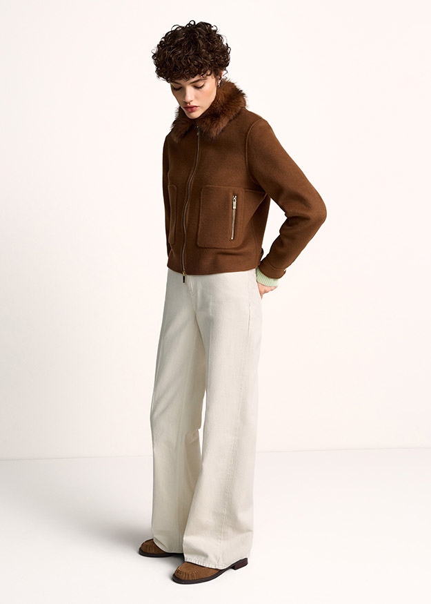 braun jacke, Fellkragen, Seitlicher Taschenzipper, Stehkragen, Wolle