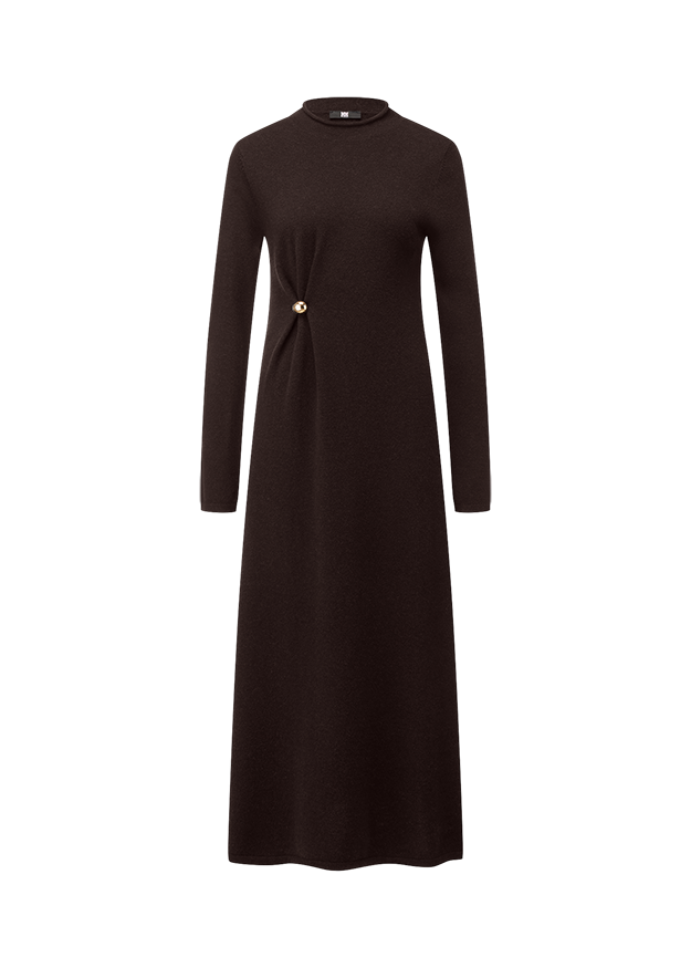 Kleid, Langarm, Dunkelbraun, Raffung, Knopf