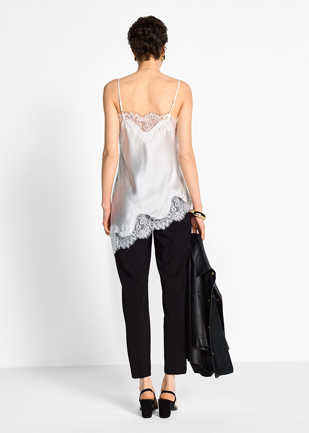 seiden-Camisole, Spitzentrim, Spaghettiträger, weißes Oberteil, lagekgeschnittener Saum