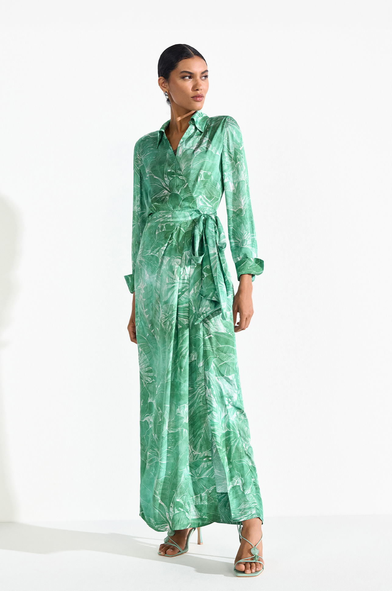  Kleid, Maxi-Kleid, Grünes Muster, Wrap-Kleid, Langarm