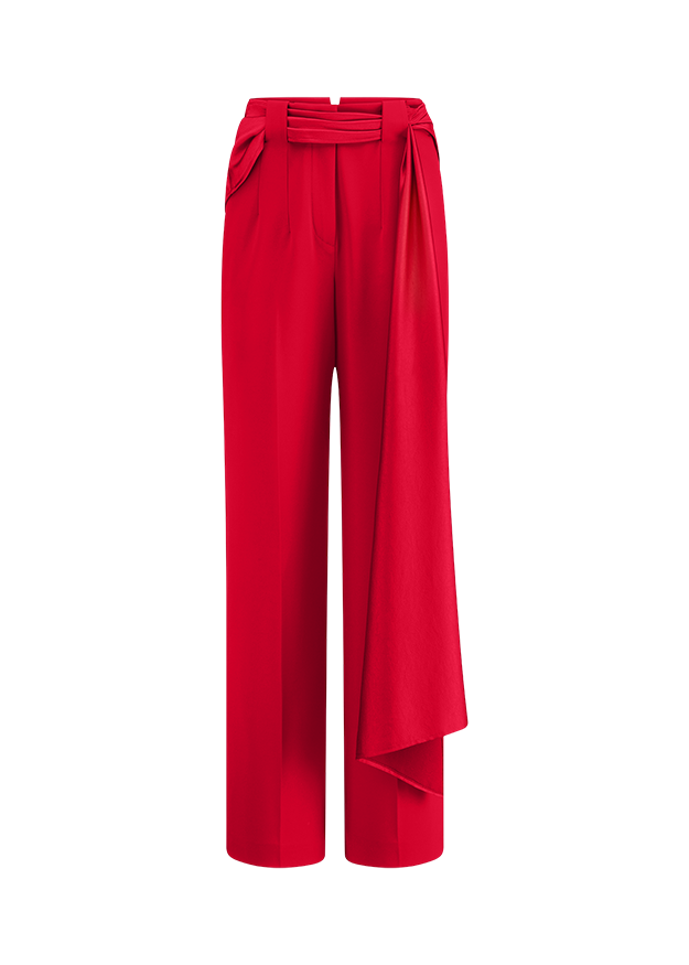 rote Hose, weite Beine, hoher Bund, Bindegürtel, Stoffüberlage
